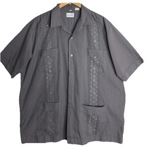 Vintage Guayabera Shirt Mens XL‎ Gray Embroidered 4 Pocket Cuban Camp Resort
